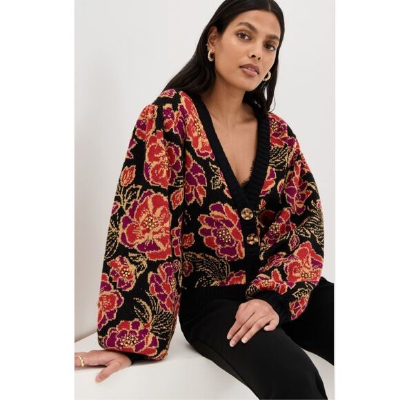 Farm Rio Sweater Womens Medium Black Red Floral Print Shiny Chita Knit Cardigan - Picture 1 of 16